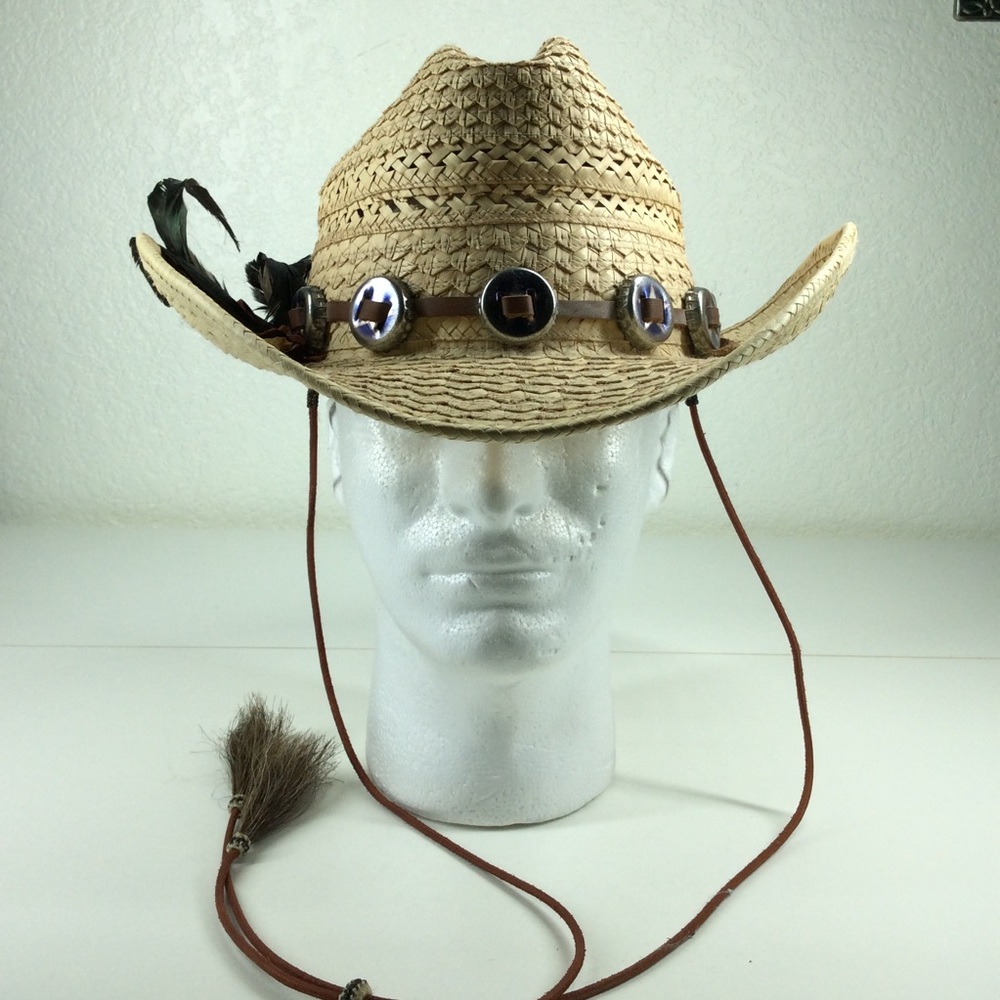 Sunbody Western Palm Leaf Bottle Cap Hat with feathers 7 1/4, 58